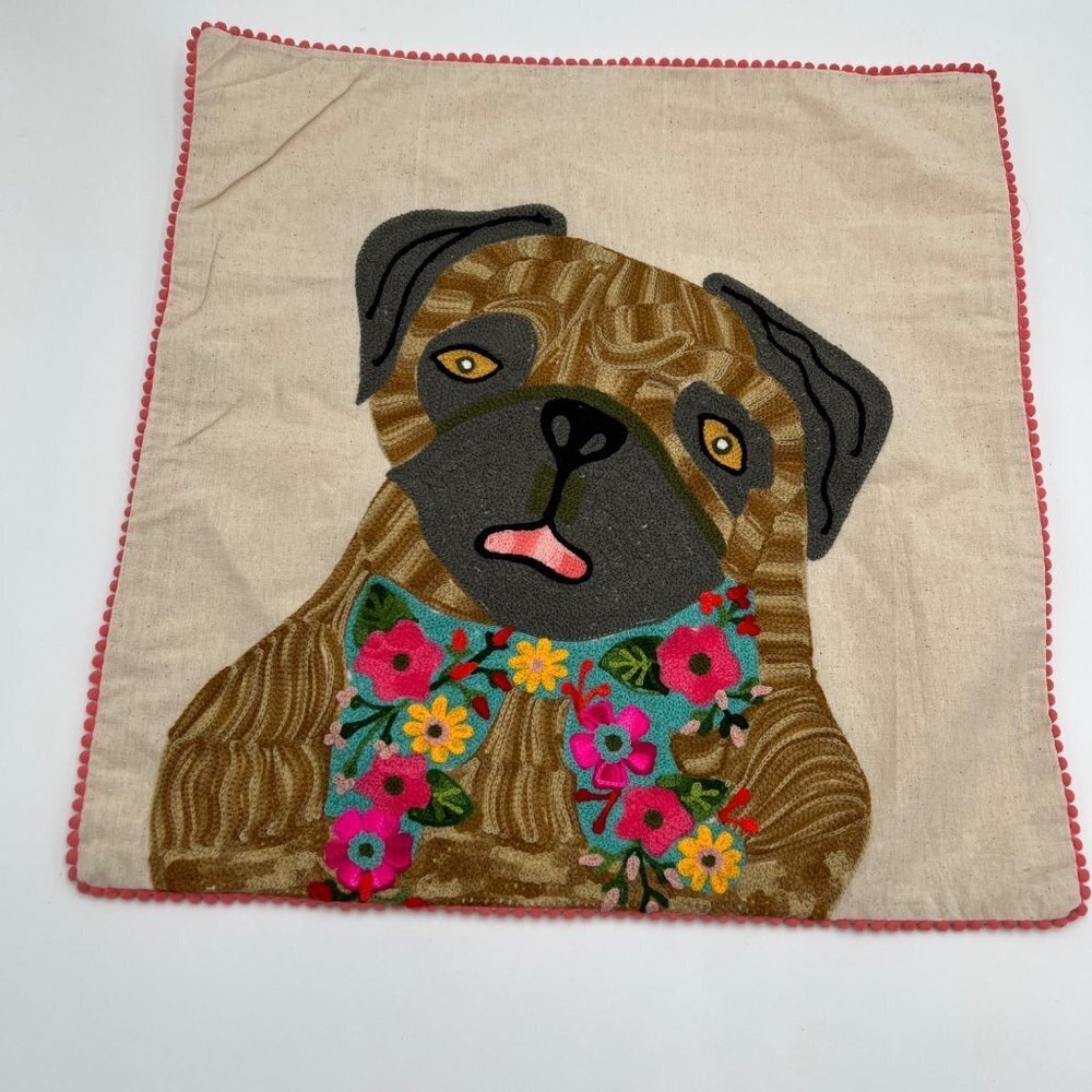 Dog Embroidered Cushion Cover Hand Embroidered